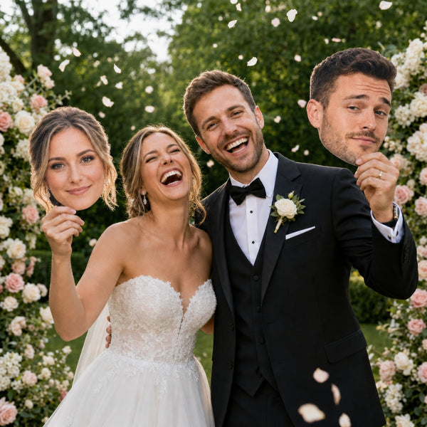 Custom wedding big head cutout photo props with personalized faces for wedding celebration and photos