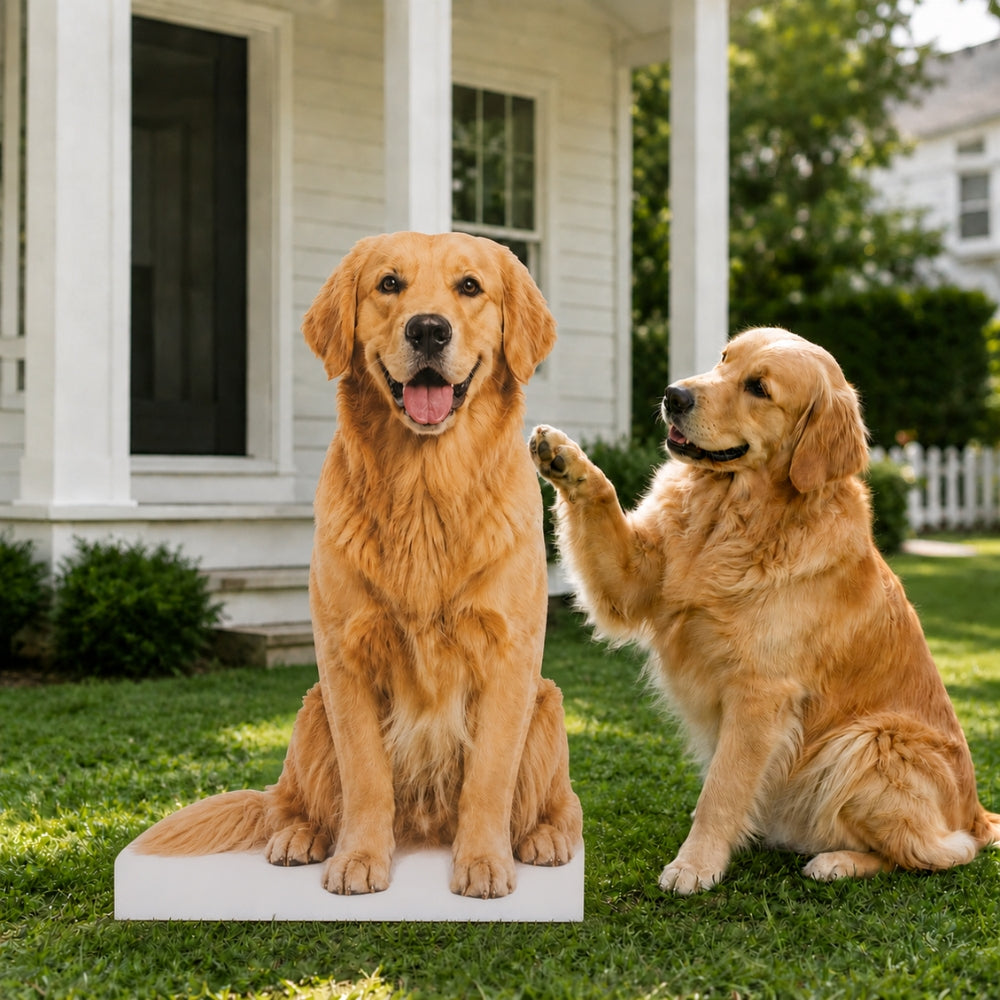 Custom pet life size cardboard cutout featuring personalized dog photo for outdoor display and pet celebration Main image