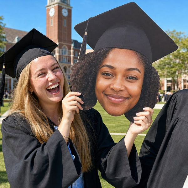 Custom graduation big head cutout photo prop for celebrating graduates and capturing fun photos