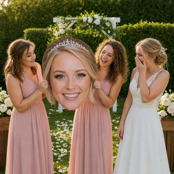 Personalized big head cutouts used as wedding and event photo props for guests
