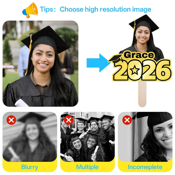 Photo upload guide for custom 2026 graduation big head cutout showing clear image requirements for best printing results