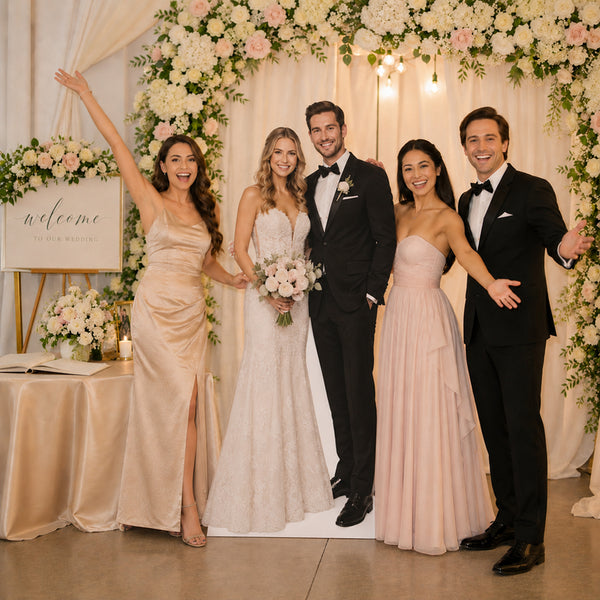 Guests taking photos with a custom wedding cardboard cutout at reception celebration
