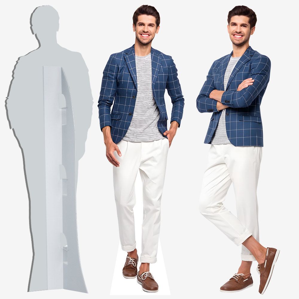 Custom cardboard cutout standee showing front and back display with supporting stand structure