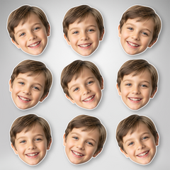 Personalized mini face cutouts featuring multiple custom photos for party favors and decorations