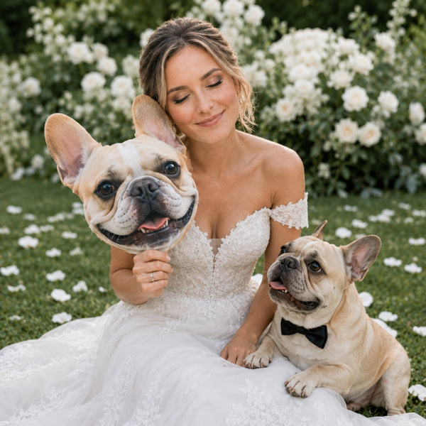 Custom pet and wedding big head cutouts used as personalized photo props for wedding events