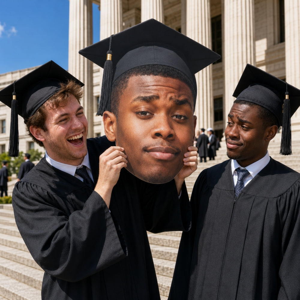 Custom graduate face cutout props used by classmates for graduation ceremony photos