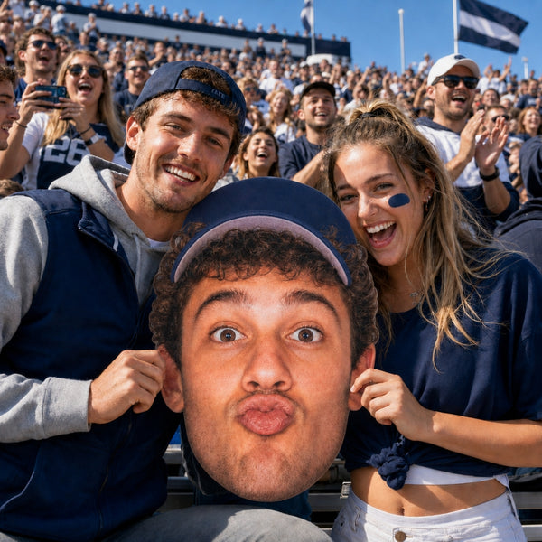 Friends using custom big head cutouts as funny photo props for party events