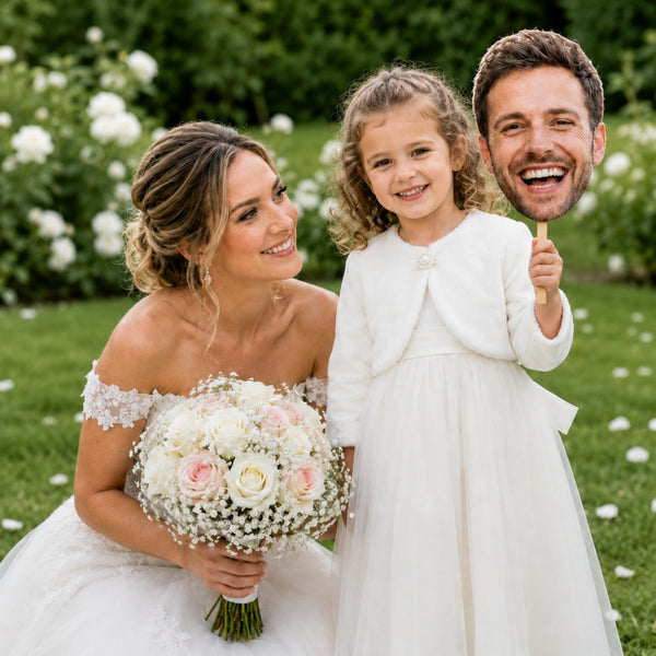 Guests using custom wedding big head cutouts as creative photo props at reception celebration