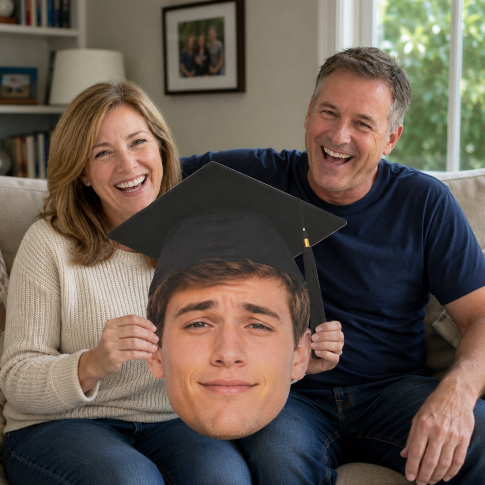 Personalized graduation big head cutout used as a surprise decoration for family celebration