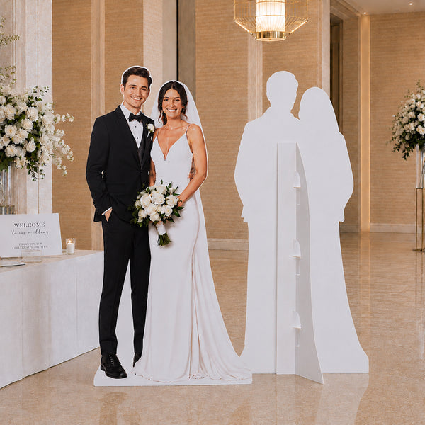Custom wedding cardboard cutout standee showing front and back display with support stand