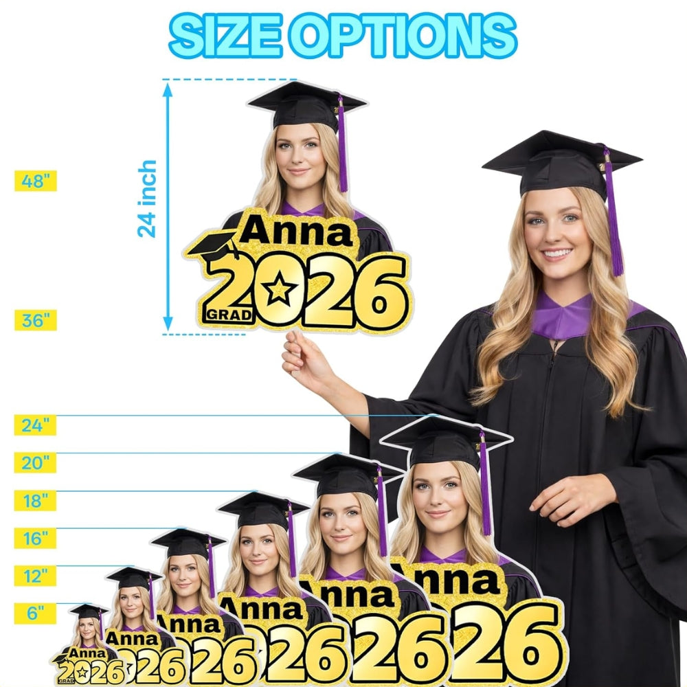 Custom 2026 graduation big head cutout available in multiple sizes for personalized senior graduation props