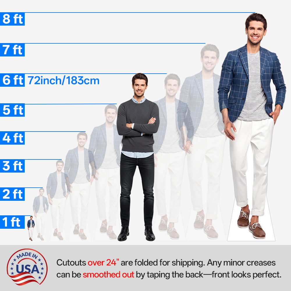 Custom life size cardboard cutout available in multiple sizes from 1ft to 8ft with foldable shipping design