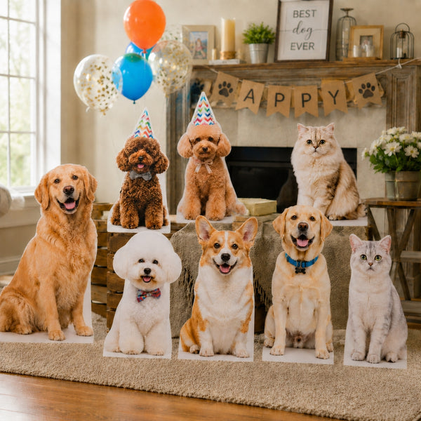 Custom pet cutouts for dogs and cats displayed as personalized party decorations