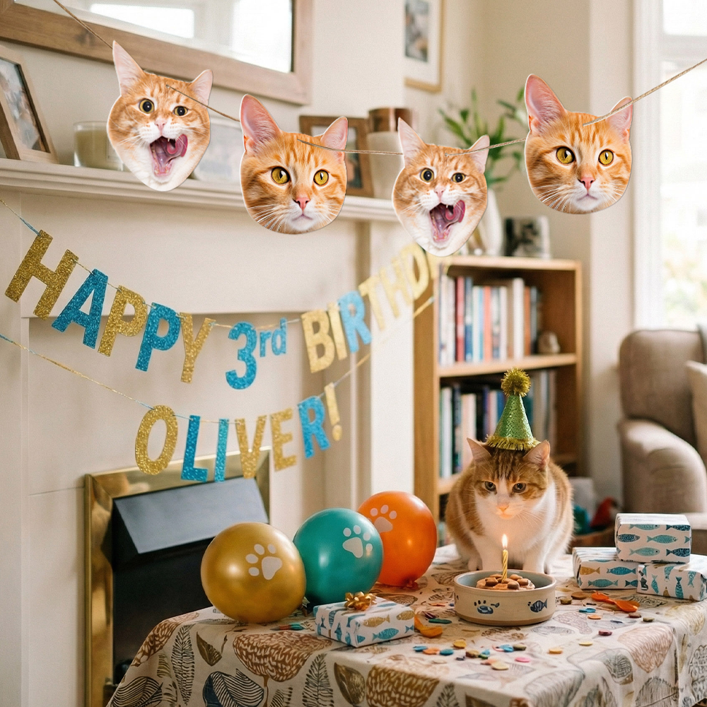 Custom mini pet big head cutouts used as fun decorations for pet birthday parties and celebrations