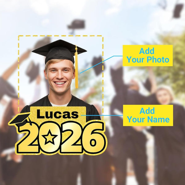 Personalized 2026 graduation big head cutout showing custom photo and name upload options