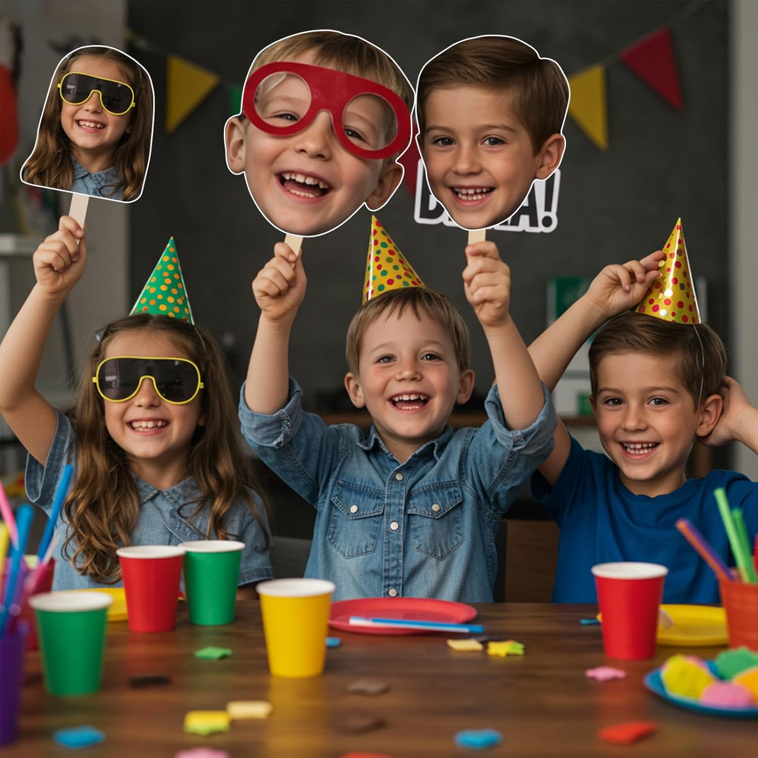 Personalized face cutout sticks for event decorations, parties, and memorable photos