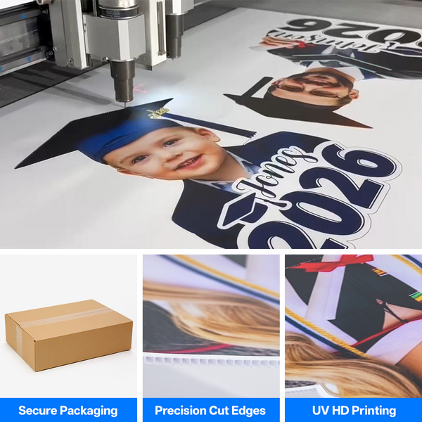 Custom big head cutout production process showing UV printing, precision cutting, and secure packaging